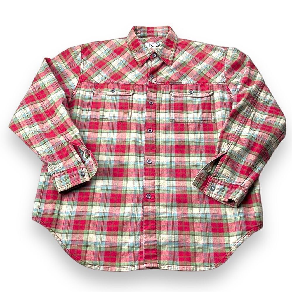 Calvin Klein Shirt Mens Medium Red Plaid Long Sleeve Button‎ Down Collar Shirt